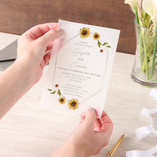 素朴幾何学模様の付いたひまわりデザイン ベラム紙招待状 (ポータブル)