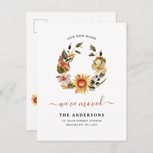 素朴引っ越しましたシック秋秋リースムービング 案内ポストカード (正面/裏面)