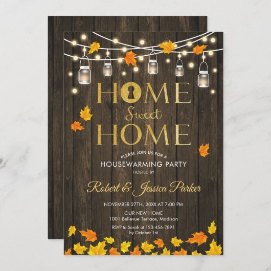 素朴引っ越し祝いパーティーパーティー – 木材紅葉 招待状 (正面/裏面)