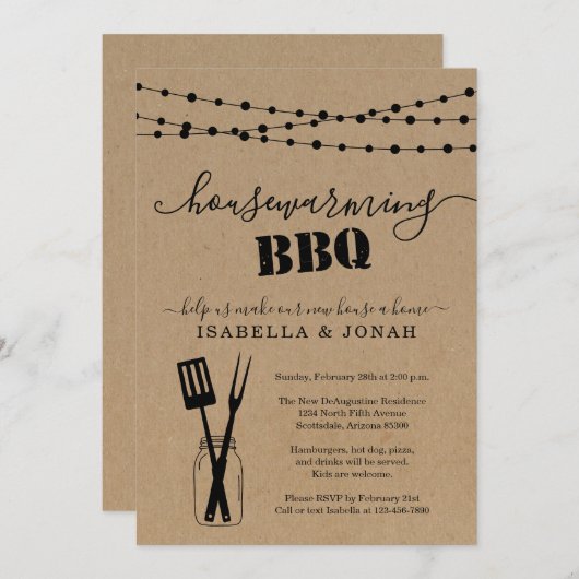 素朴引っ越し祝いパーティーBBQパーティの招待状 招待状 (正面/裏面)