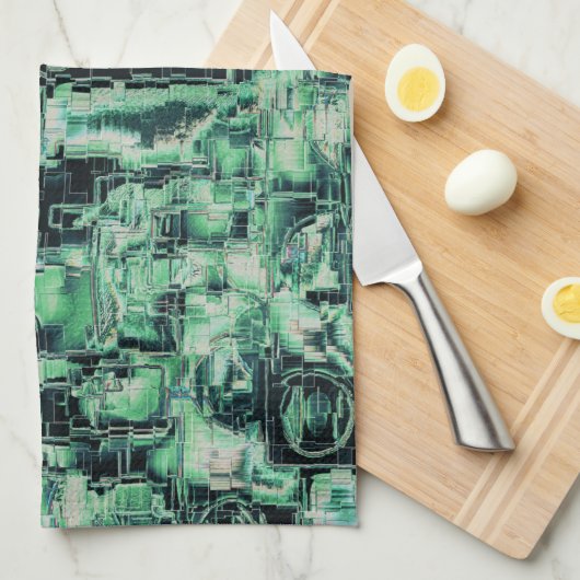 素朴抽象芸術画像モザイクで緑の色相を刻んだ キッチンタオル (四つ折り)