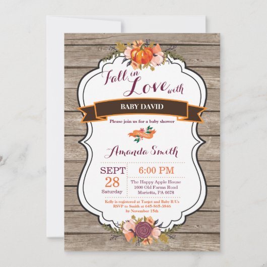 素朴招待状はカボチャベビーシャワーの恋に落ちます 招待状 (正面)