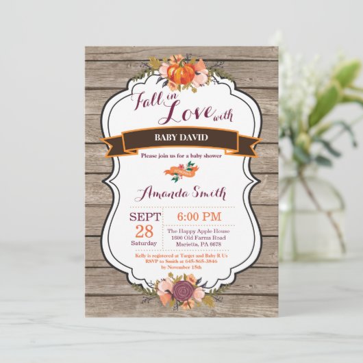 素朴招待状はカボチャベビーシャワーの恋に落ちます 招待状 (スタンド正面)