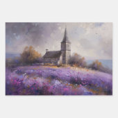 素朴教会と紫の野絵を描花畑 ラッピングペーパーシート (正面3)
