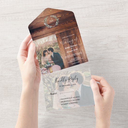 素朴木の写真葉水結婚色 オールインワン招待状 (貼ってはがせる)