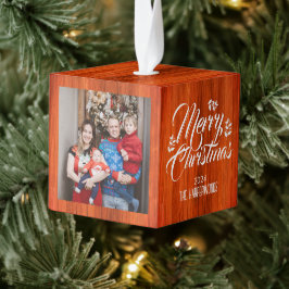 素朴木エレガント3家族の写真クリスマス キューブオーナメント