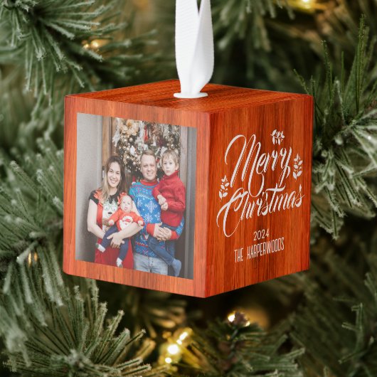 素朴木エレガント3家族の写真クリスマス キューブオーナメント (ツリー)