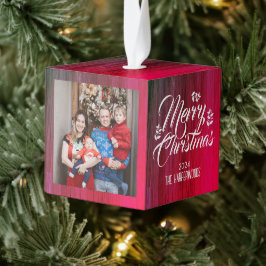 素朴木エレガント3家族の写真クリスマス キューブオーナメント