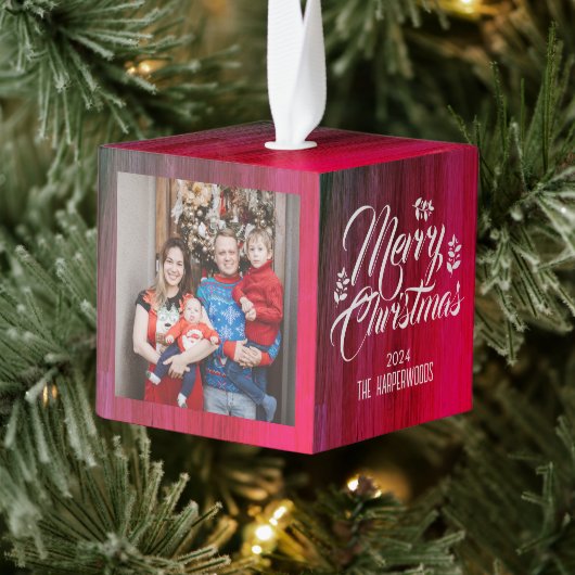 素朴木エレガント3家族の写真クリスマス キューブオーナメント (ツリー)