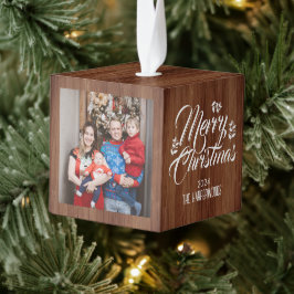 素朴木エレガント3家族の写真クリスマス キューブオーナメント