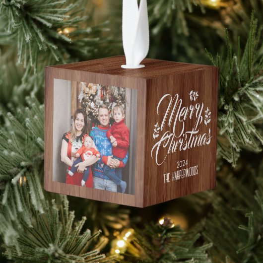 素朴木エレガント3家族の写真クリスマス キューブオーナメント (ツリー)