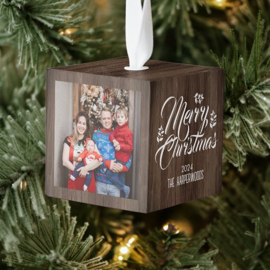 素朴木エレガント3家族の写真クリスマス キューブオーナメント (ツリー)