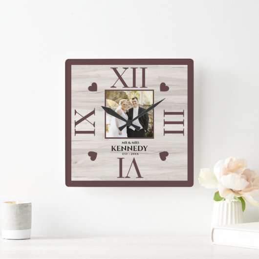 素朴木パーソナライズされた写真結婚記念日 スクエア壁時計 (ホーム)