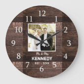 素朴木パーソナライズされた写真結婚記念日 ラージ壁時計 (正面)