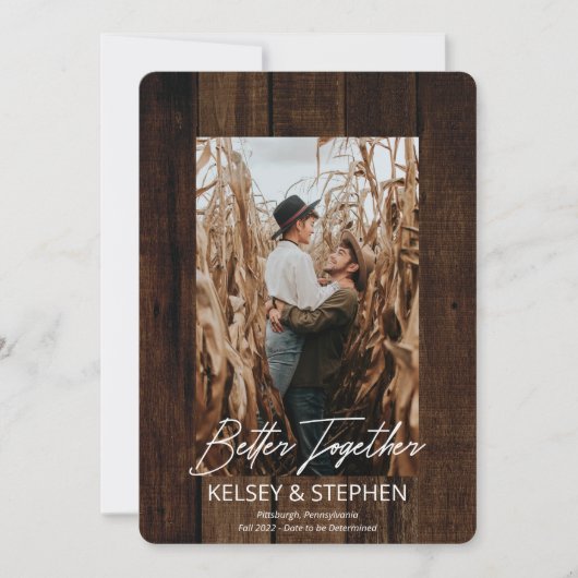 素朴木フェイクよりよい一緒に写真婚約 案内状 (正面)