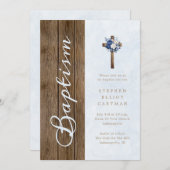 素朴木モダンエレガント文字ブルー洗礼 招待状 (正面/裏面)