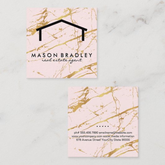 素朴木実在質 |ピンク金ゴールド大理石 スクエア名刺 (正面/裏面)