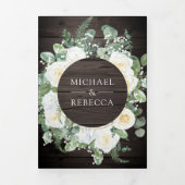 素朴木材の緑のアイボリーフローラQRコー結婚ド 三つ折り招待状 (カバー)