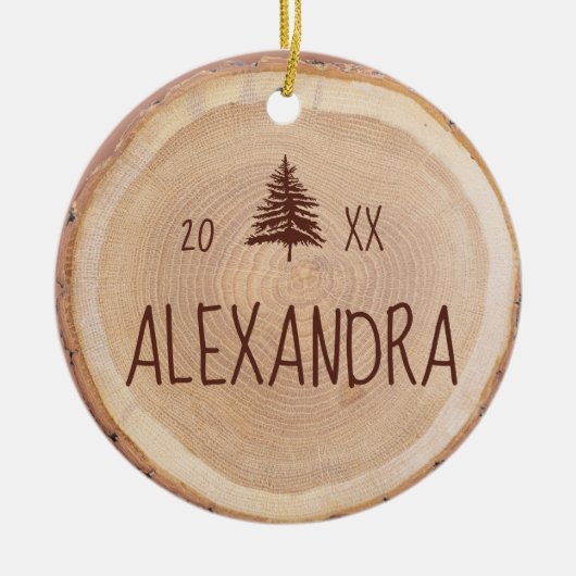 素朴木目スライス名パーソナライズされたと写真 セラミックオーナメント (正面)