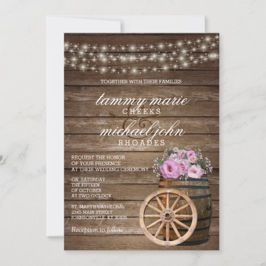 素朴木筒結婚とピンクかわいらしフローラ 招待状 (正面)