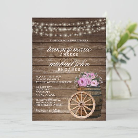 素朴木筒結婚とピンクかわいらしフローラ 招待状 (スタンド正面)