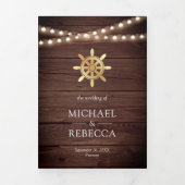 素朴木航海の金ゴールド船の車輪結婚の 三つ折り招待状 (カバー)