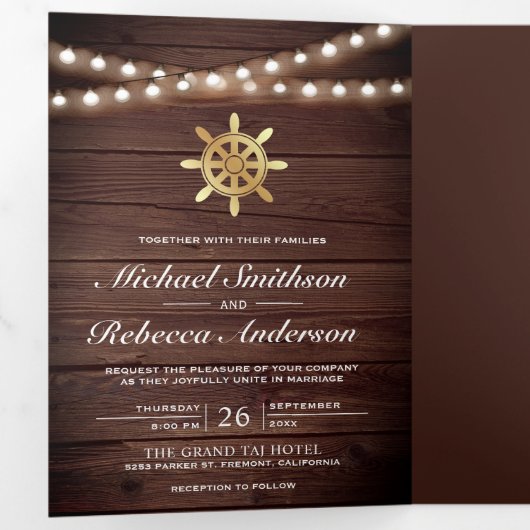 素朴木航海の金ゴールド船の車輪結婚の 三つ折り招待状 (内部最初)