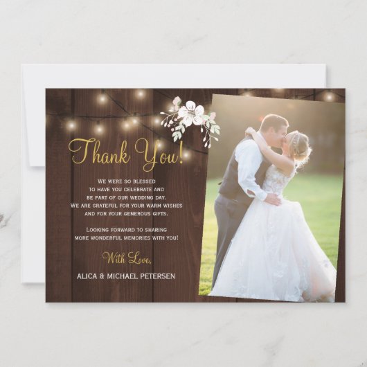 素朴木2枚の写真感謝してい冬の結婚式 サンキューカード (正面)