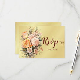 素朴桃と金ゴールドの花結婚のRSPVカード 出欠カード