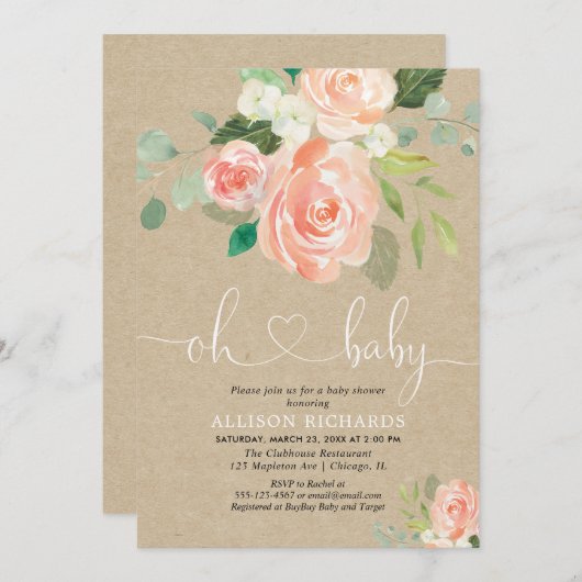 素朴桃フローラクラフト女の子の赤ちゃんシャワー 招待状 (正面/裏面)