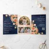 素朴桃自然フローラQRコード海軍結婚ズ 三つ折り招待状 (内部)