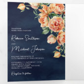 素朴桃自然フローラQRコード海軍結婚ズ 三つ折り招待状 (内部最初)