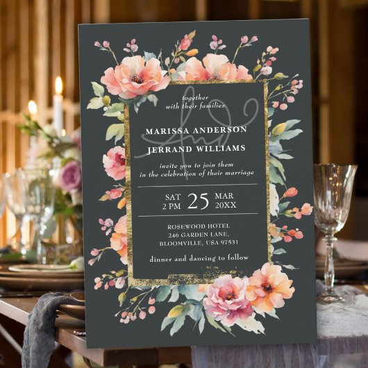 素朴植物園金ゴールドフレーム結婚写真 招待状