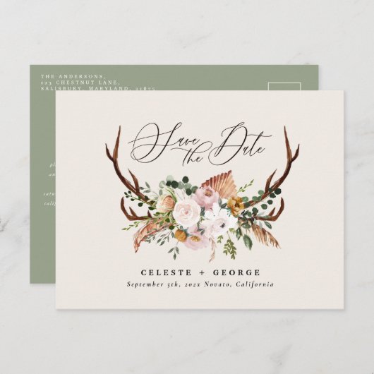 素朴植物性の結婚セージエレガントグリーン 案内ポストカード (正面/裏面)