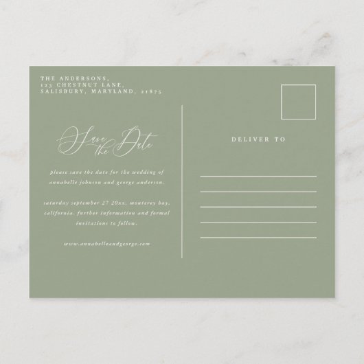 素朴植物性の結婚セージエレガントグリーン 案内ポストカード (裏面)