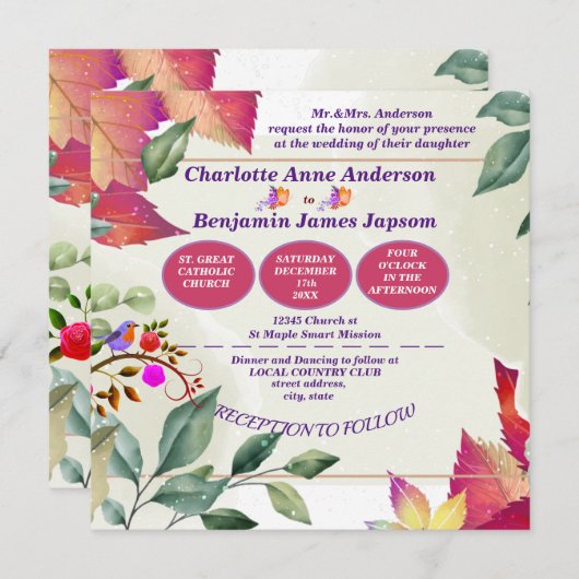 素朴植物性の美結婚鳥 招待状 (正面/裏面)