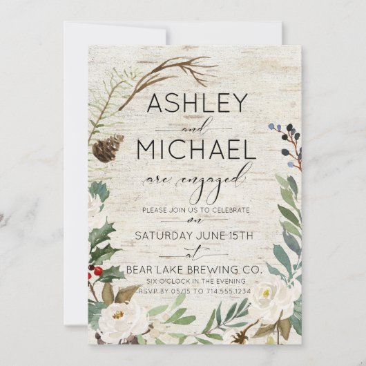 素朴樺の木ウィンター写真タイポグラフィパーティー 招待状 (正面)