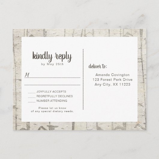 素朴樺の木ウッド結婚式rsvpビュッフェ インビテーションポストカード (裏面)