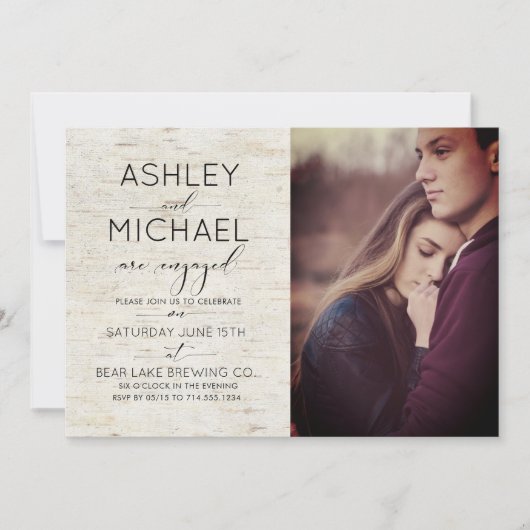 素朴樺の木タイポグラフィフォト婚約パーティ 招待状 (正面)