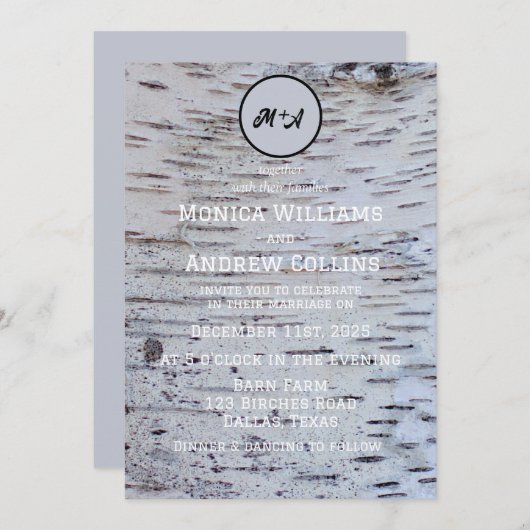 素朴樺の木ツリーカントリーエレガントバーク結婚ス 招待状 (正面/裏面)