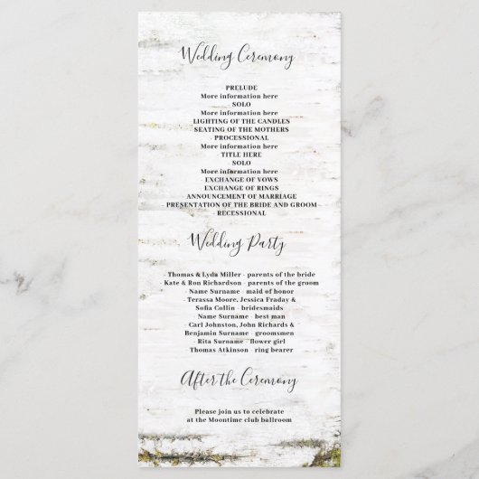 素朴樺の木ツリーハート秋の結婚式プログラム プログラム (裏面)