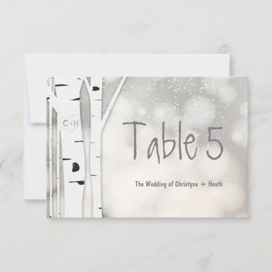 素朴樺の木ツリー冬の雪のテーブル番号カード 招待状 (正面)