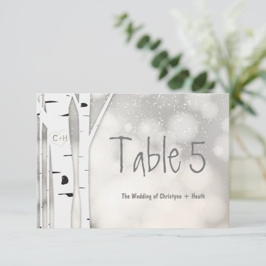素朴樺の木ツリー冬の雪のテーブル番号カード 招待状 (スタンド正面)