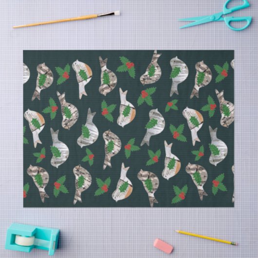 素朴樺の木バークバーズレッドホリーベリークリスマス 薄葉紙 (クラフト)