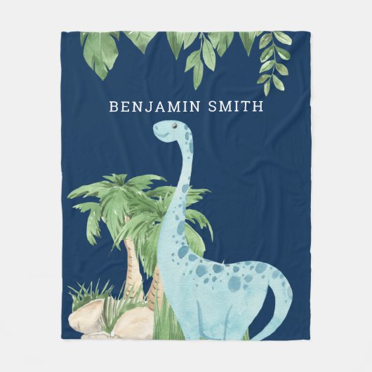 素朴水彩可愛い恐竜パーソナライズされた海軍 フリースブランケット (正面)