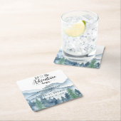 素朴水彩山結婚の スクエアペーパーコースター (インサイチュ)