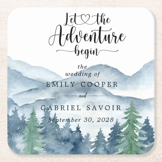 素朴水彩山結婚の スクエアペーパーコースター (正面)