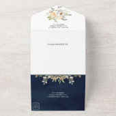 素朴水彩桃フローラネイビーブルー結婚ズ オールインワン招待状 (外側)