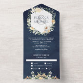 素朴水彩桃フローラネイビーブルー結婚ズ オールインワン招待状 (内側)