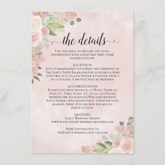 素朴水彩桃色フローラ結婚詳細 エンクロージャーカード (正面)